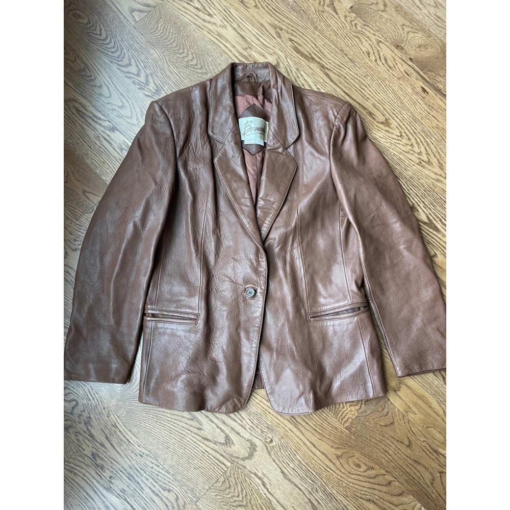 Bermans Vintage Brown Leather Blazer Jacket Womens 14 Style 7543 80s Korea